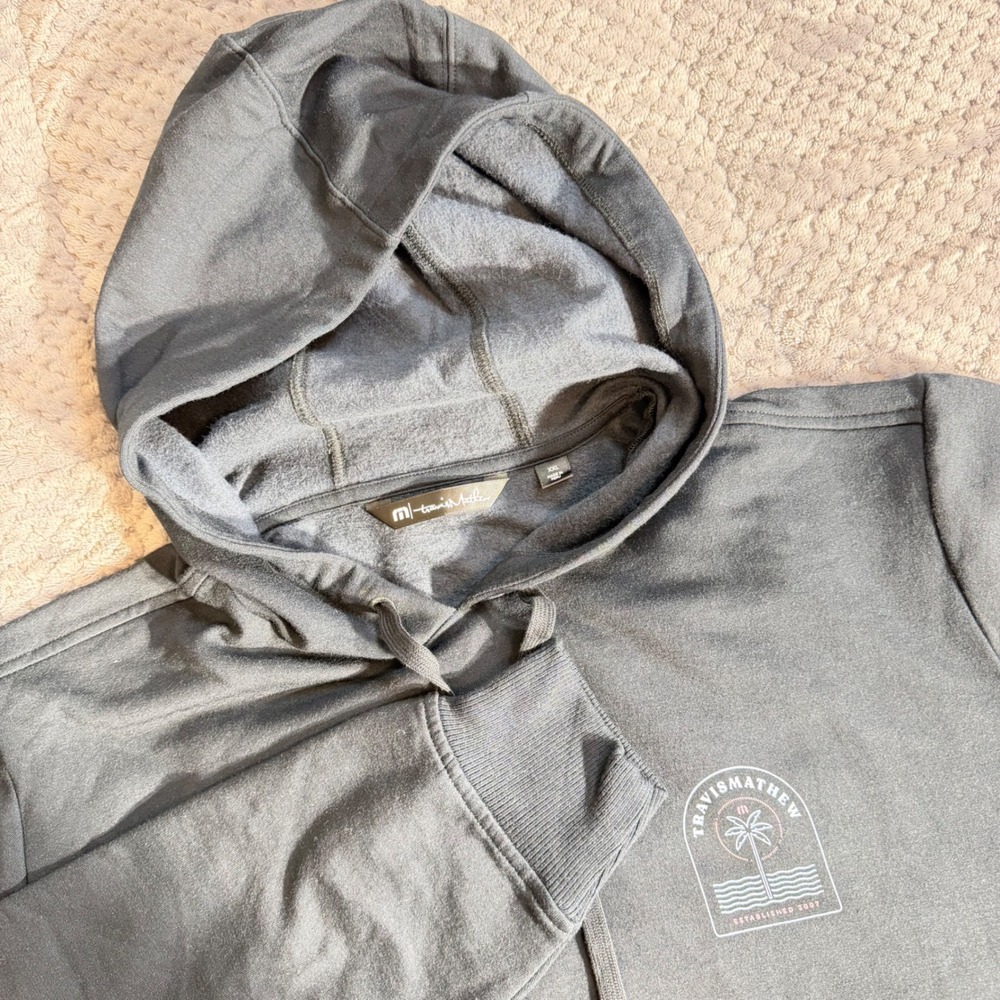 TravisMathew Mens XXL Black Palm Tree Graphic Fleece Hoodie Sweatshirt